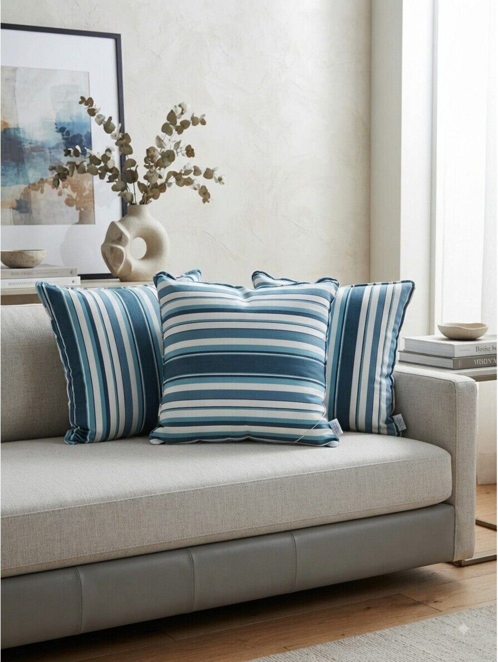 Newport Blue & White Striped Down-Filled Throw Pillows (Set of 3) 24" x 24"